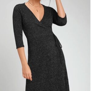 NWT Lulu's "Isadore" Charcoal Grey Marled Wrap Midi Dress Size Small